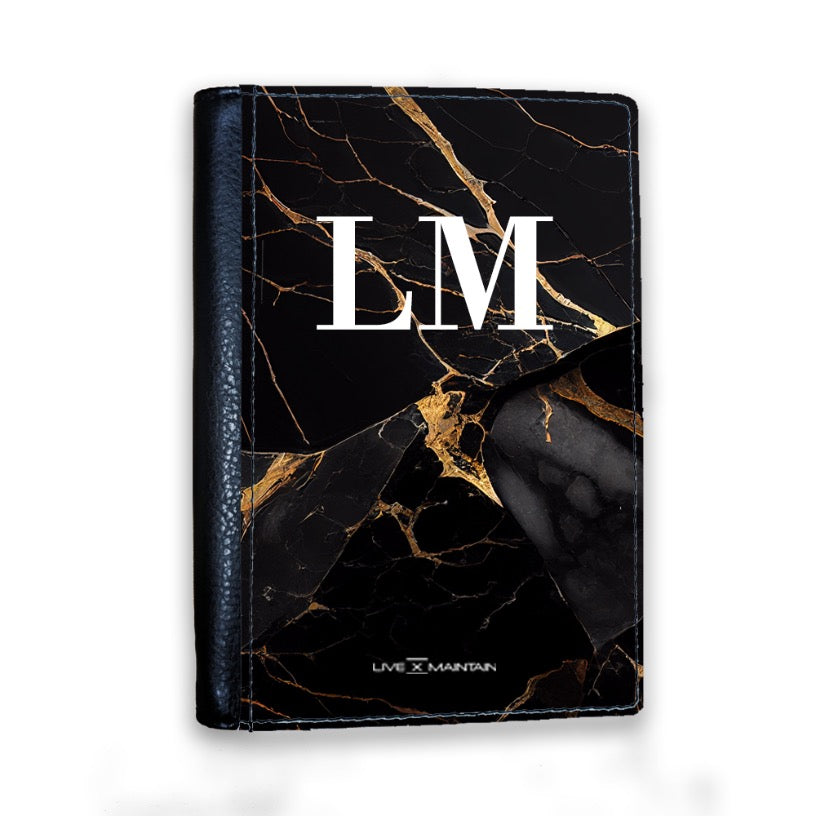 Personalised Black Gold Marble Initials Passport Cover