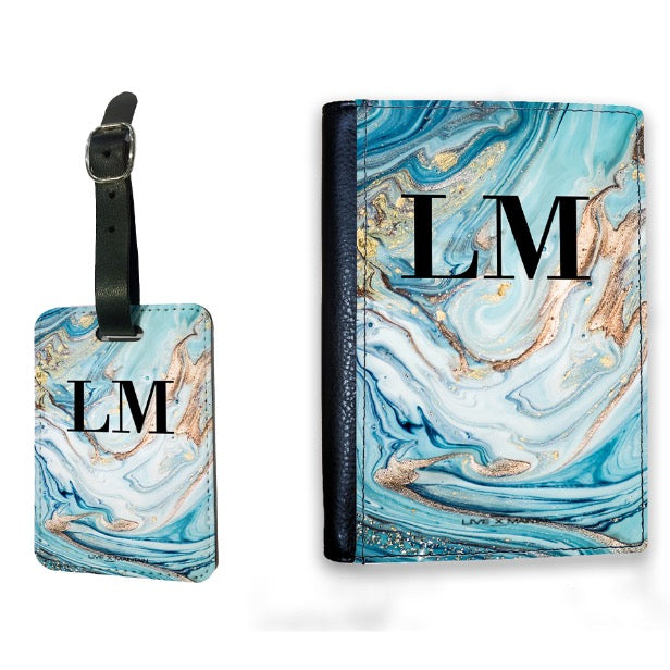 Personalised Blue Emerald Marble Initials Luggage Tag