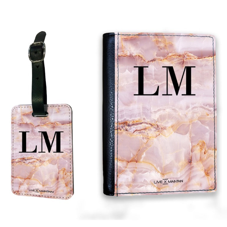 Personalised Natural Pink Marble Initials Luggage Tag