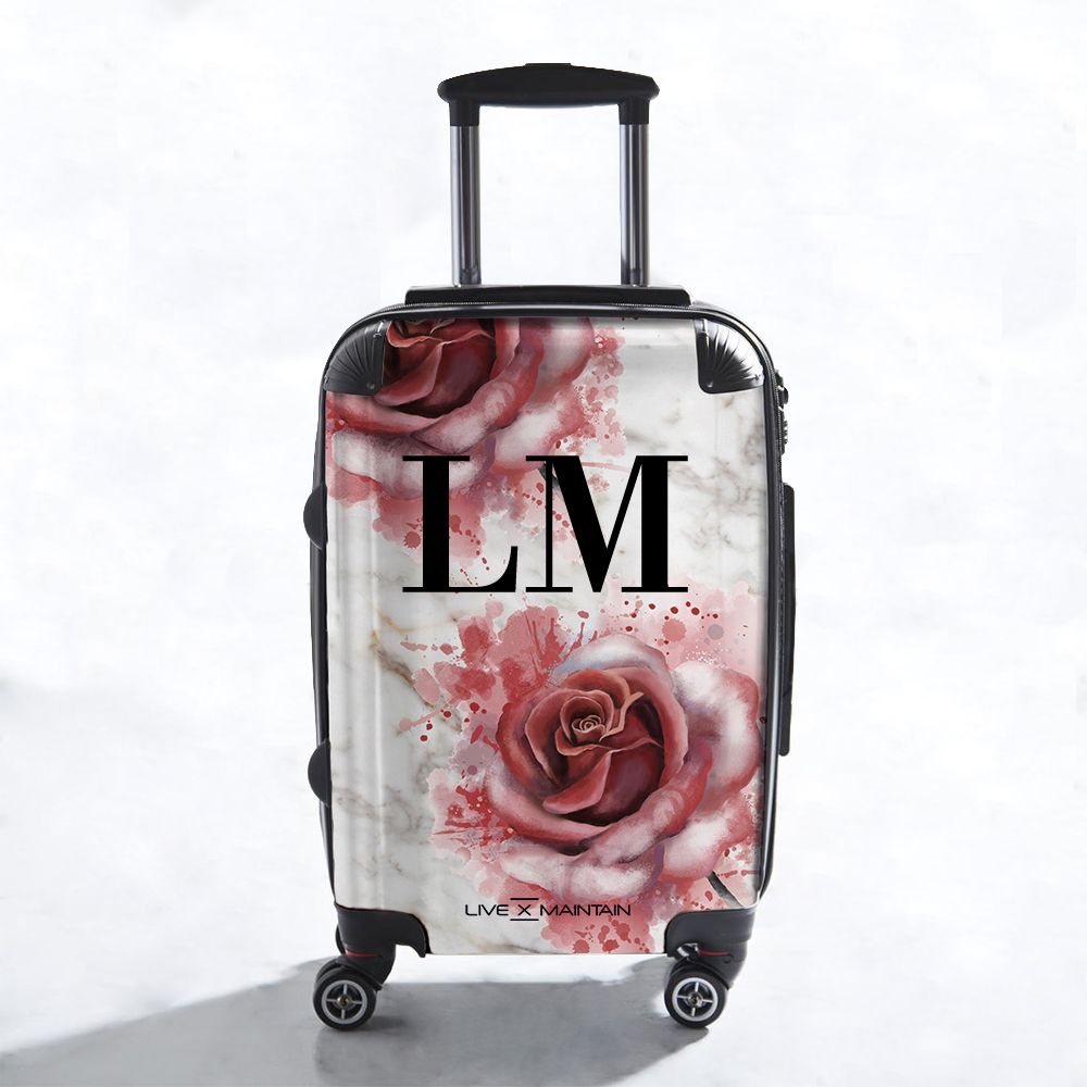 Personalised Floral Rose x White Marble Initials Suitcase
