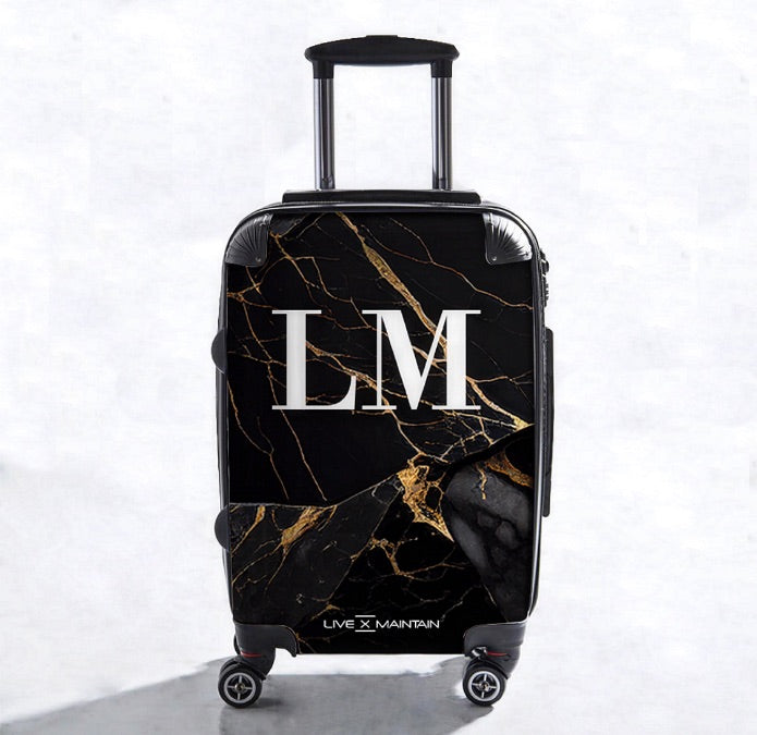 Personalised Black Gold Marble Initials Suitcase