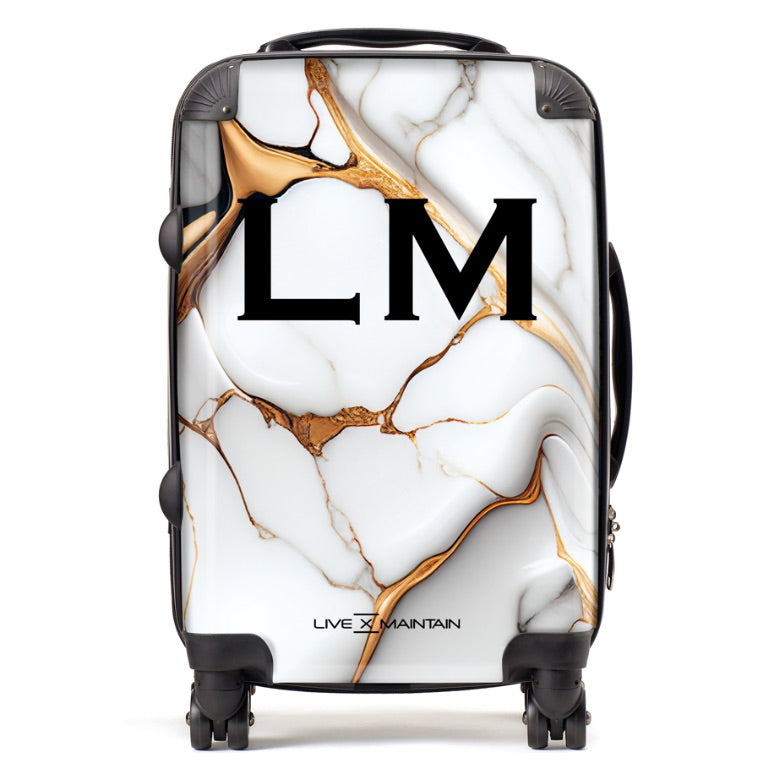 Personalised White and Gold Marble Initials Suitcase