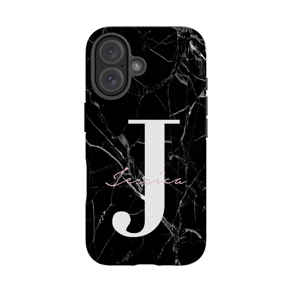 Personalised Black Marble Name Initials iPhone 16 Case
