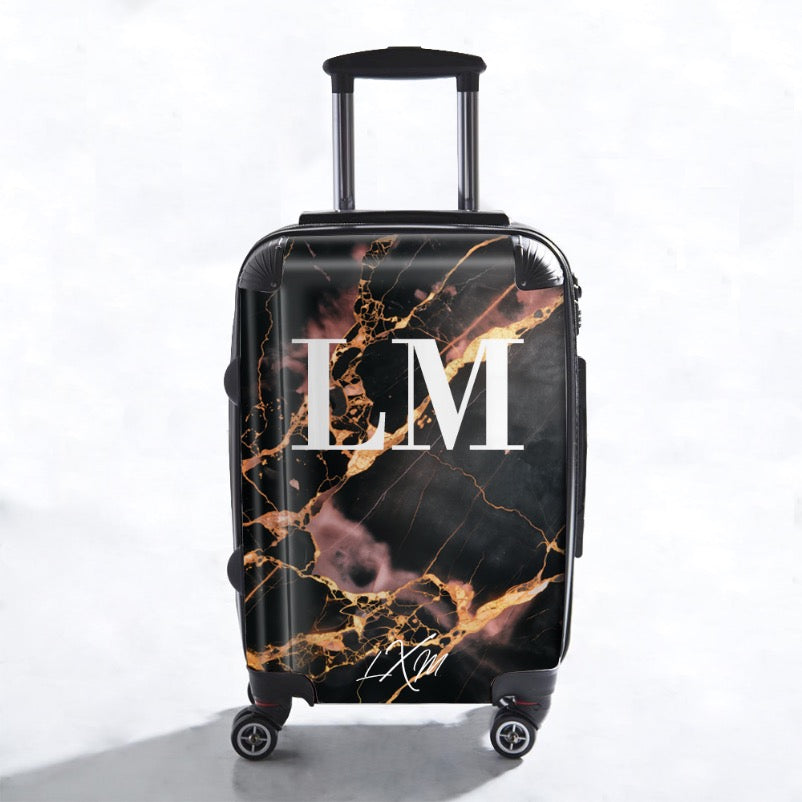 Limited Edition Personalised Black x Pink Gold Marble Initials Suitcase