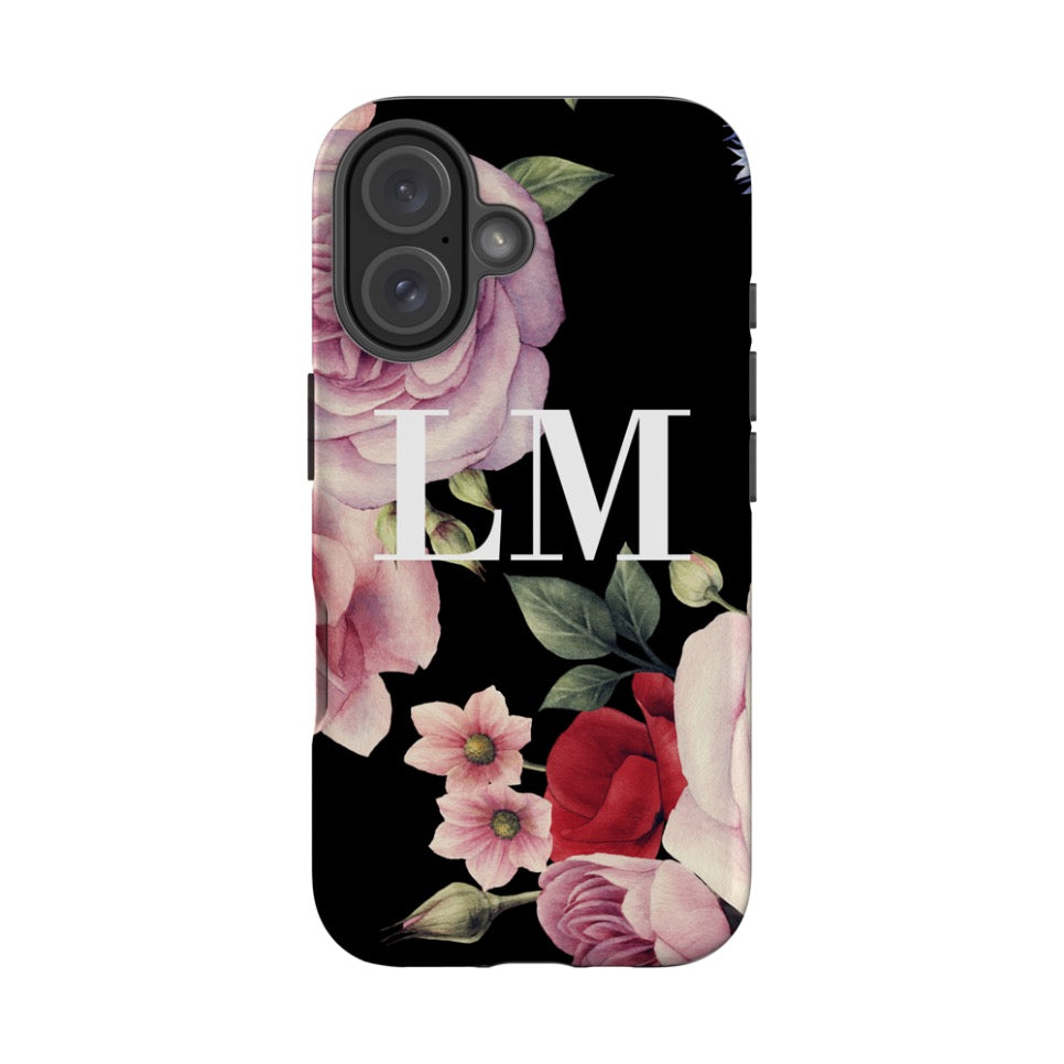 Personalised Black Floral Blossom Initials iPhone 16 Case