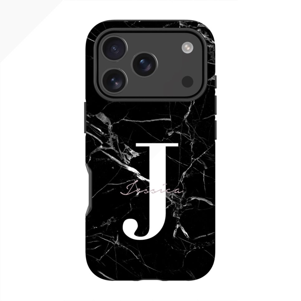 Personalised Black Marble Name Initials iPhone 17 Pro Case