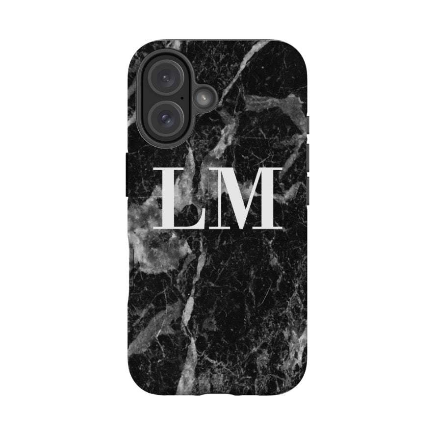 Personalised Black Stone Marble Initials iPhone 16 Case
