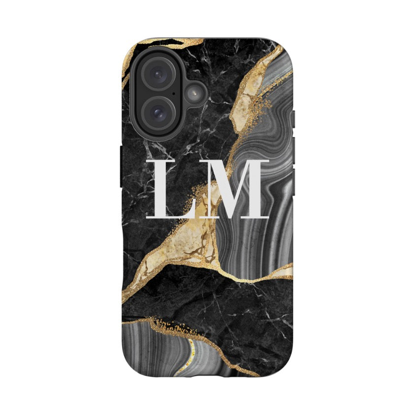 Personalised Black and Gold Marble Name iPhone 16 Case
