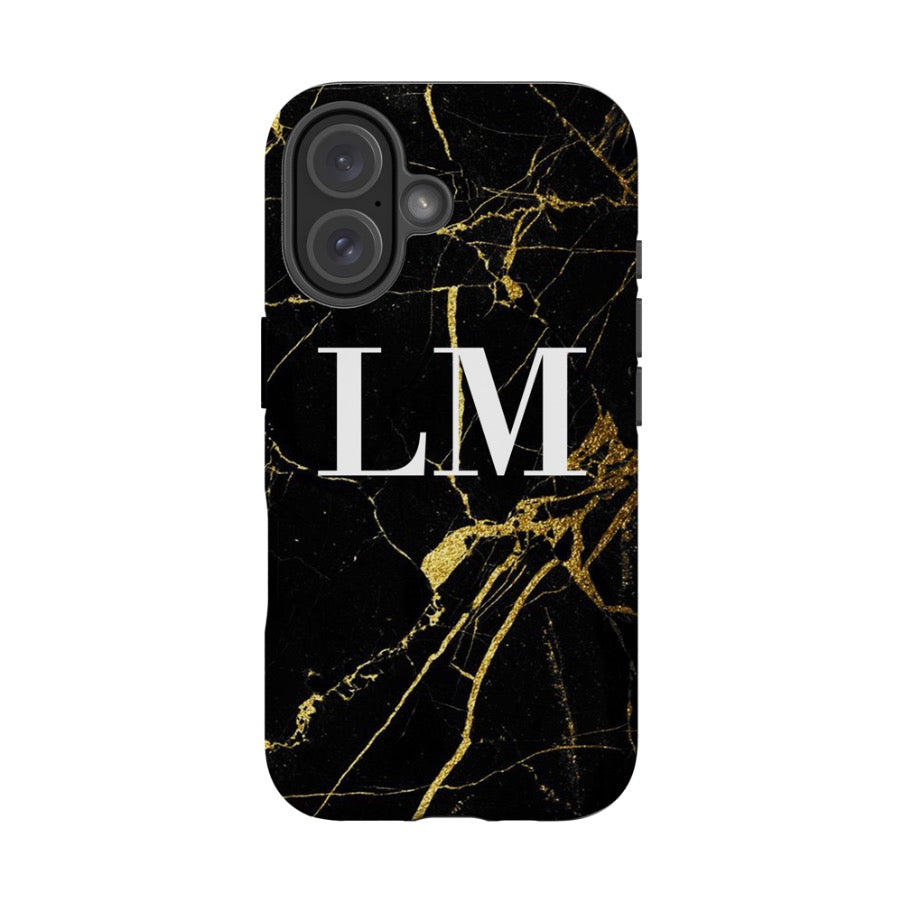 Personalised Black x Gold Marble Initials iPhone 16 Case
