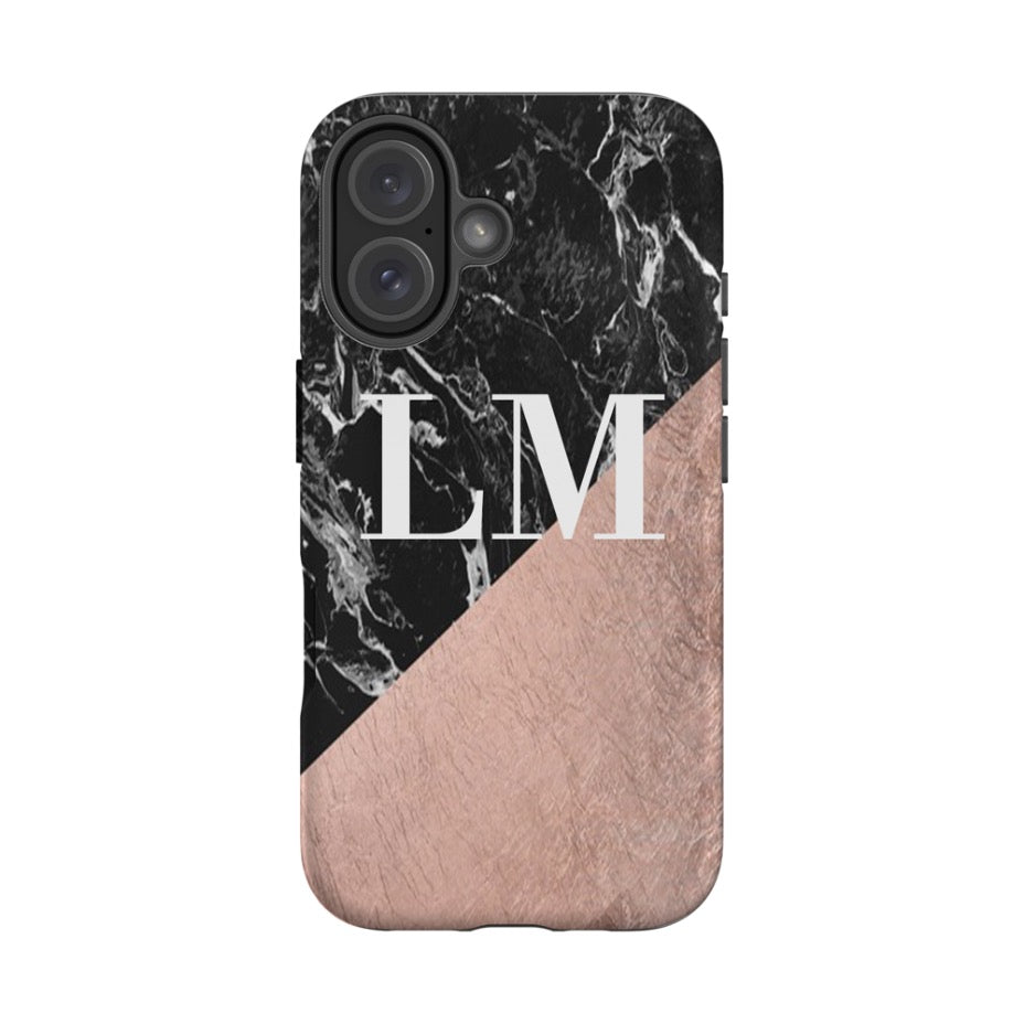 Personalised Black x Rose Gold Marble iPhone 16 Case
