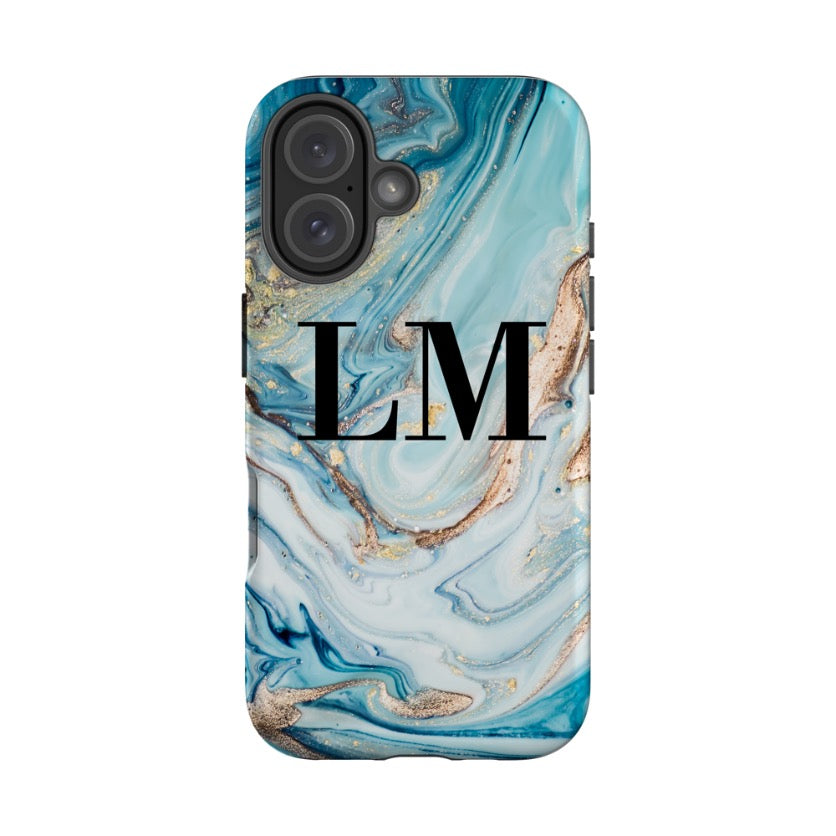 Personalised Blue Emerald Marble initials iPhone 16 Case
