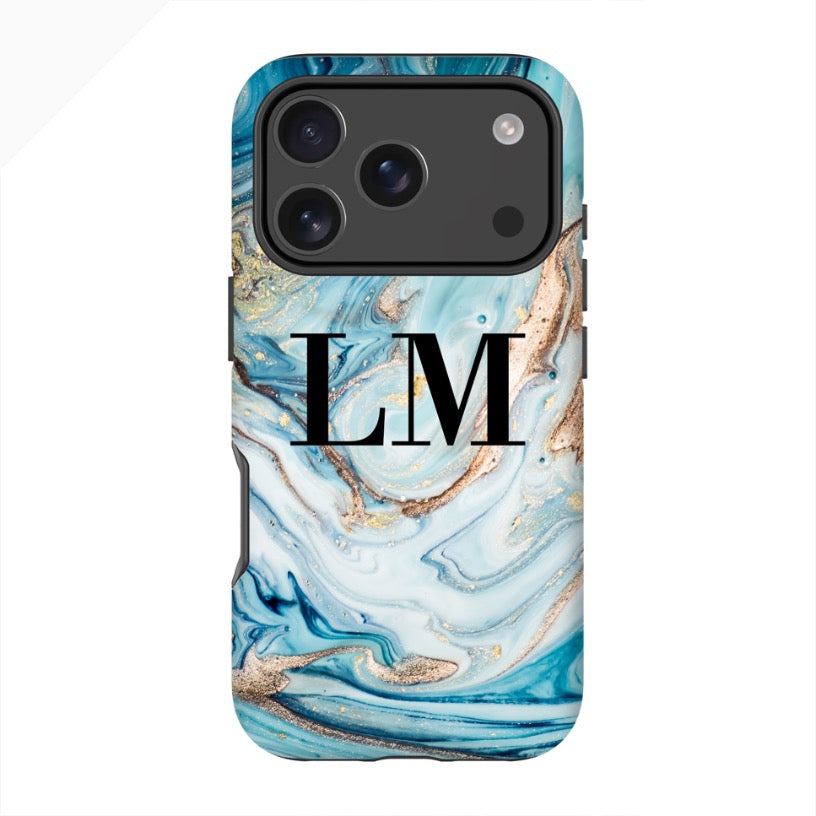 Personalised Blue Emerald Marble initials iPhone 17 Pro Case