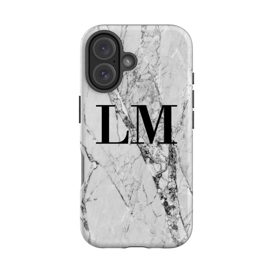 Personalised Cracked White Marble Initials iPhone 16 Case
