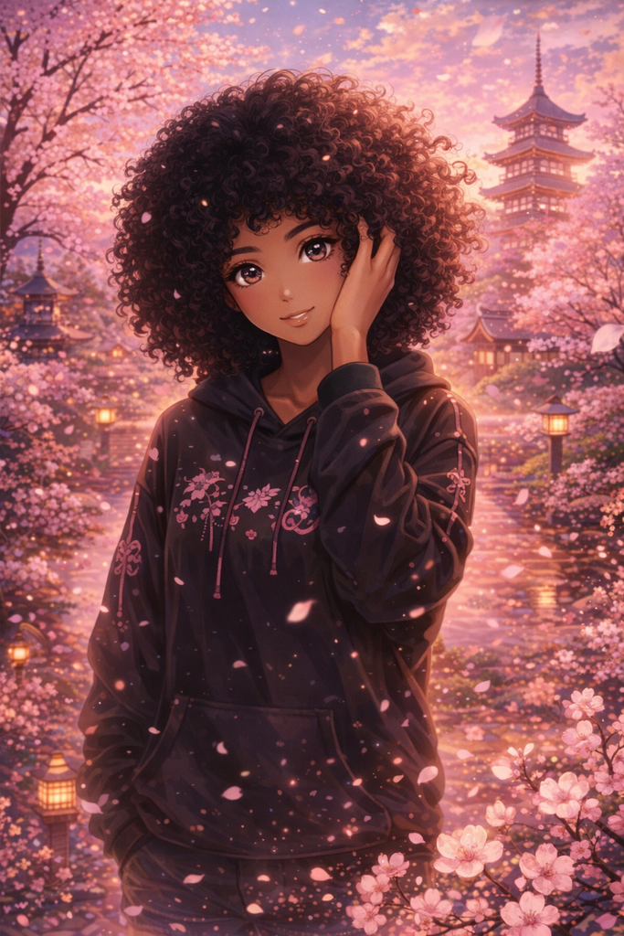 Personalised Cherry Blossom Anime Portrait Mounted Canvas Print