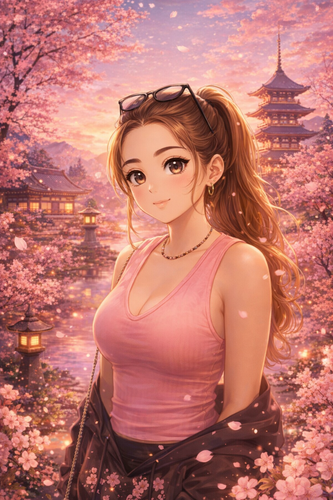 Personalised Cherry Blossom Anime Portrait Mounted Canvas Print
