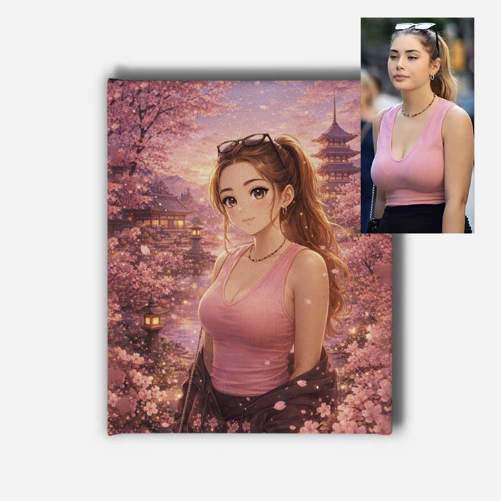 Personalised Cherry Blossom Anime Portrait Mounted Canvas Print
