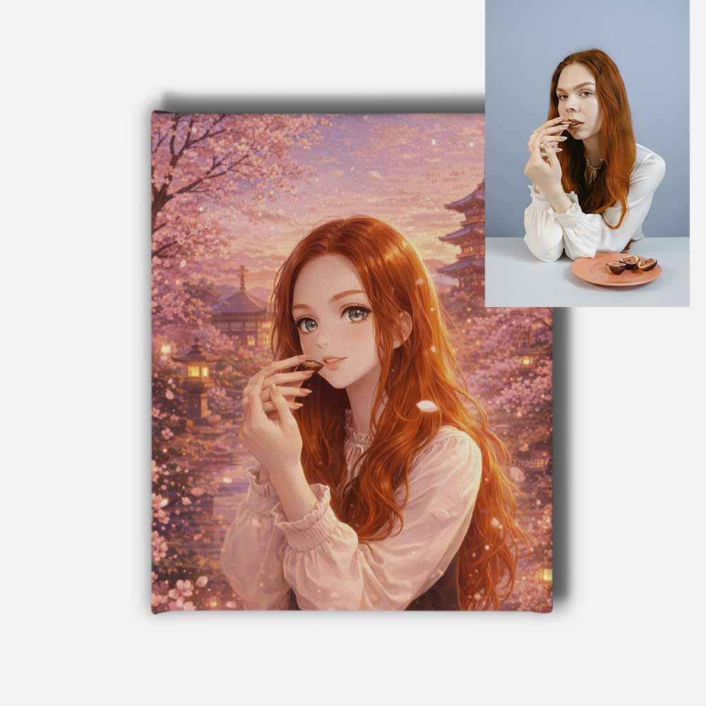 Personalised Cherry Blossom Anime Portrait Mounted Canvas Print