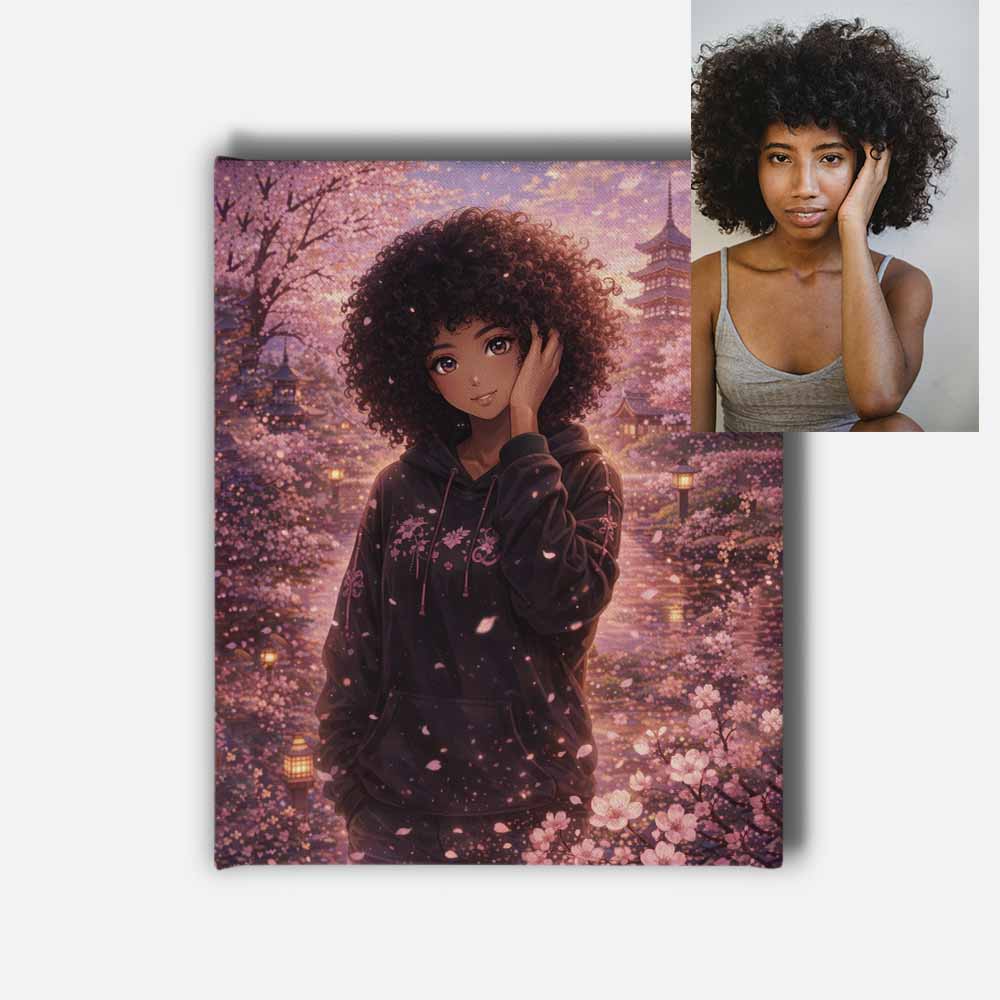 Personalised Cherry Blossom Anime Portrait Mounted Canvas Print