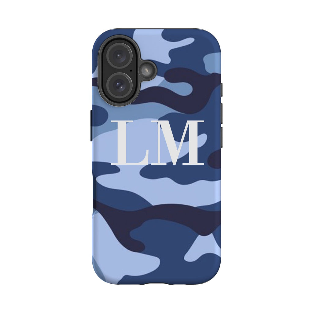 Personalised Cobalt Blue Camouflage Initials iPhone 16 Case
