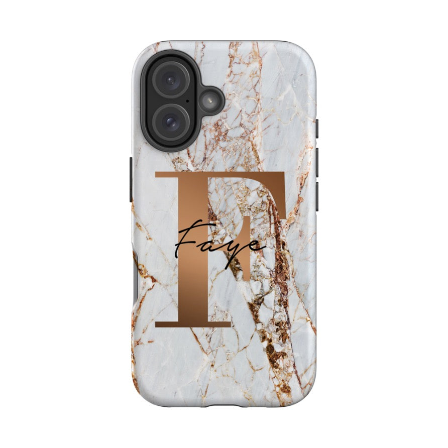 Personalised Cracked Marble Bronze Initials iPhone 16 Case
