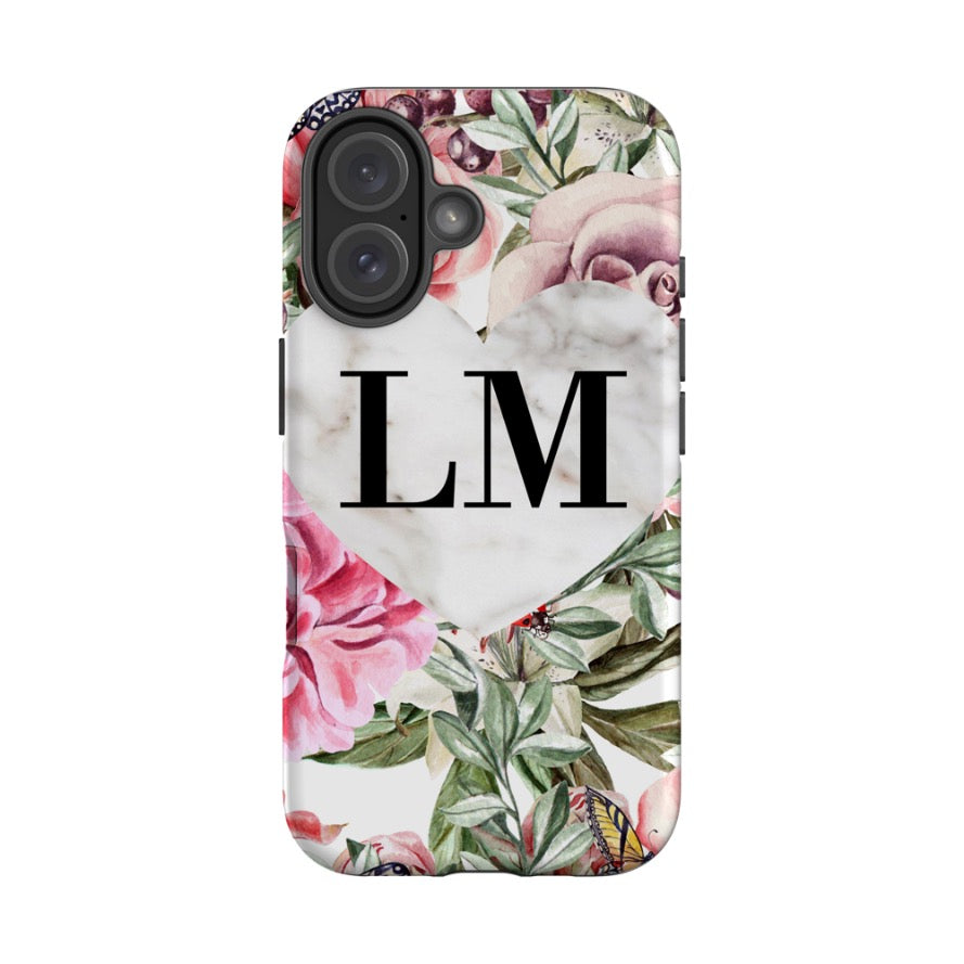 Personalised Floral Marble Heart Initials iPhone 16 Case
