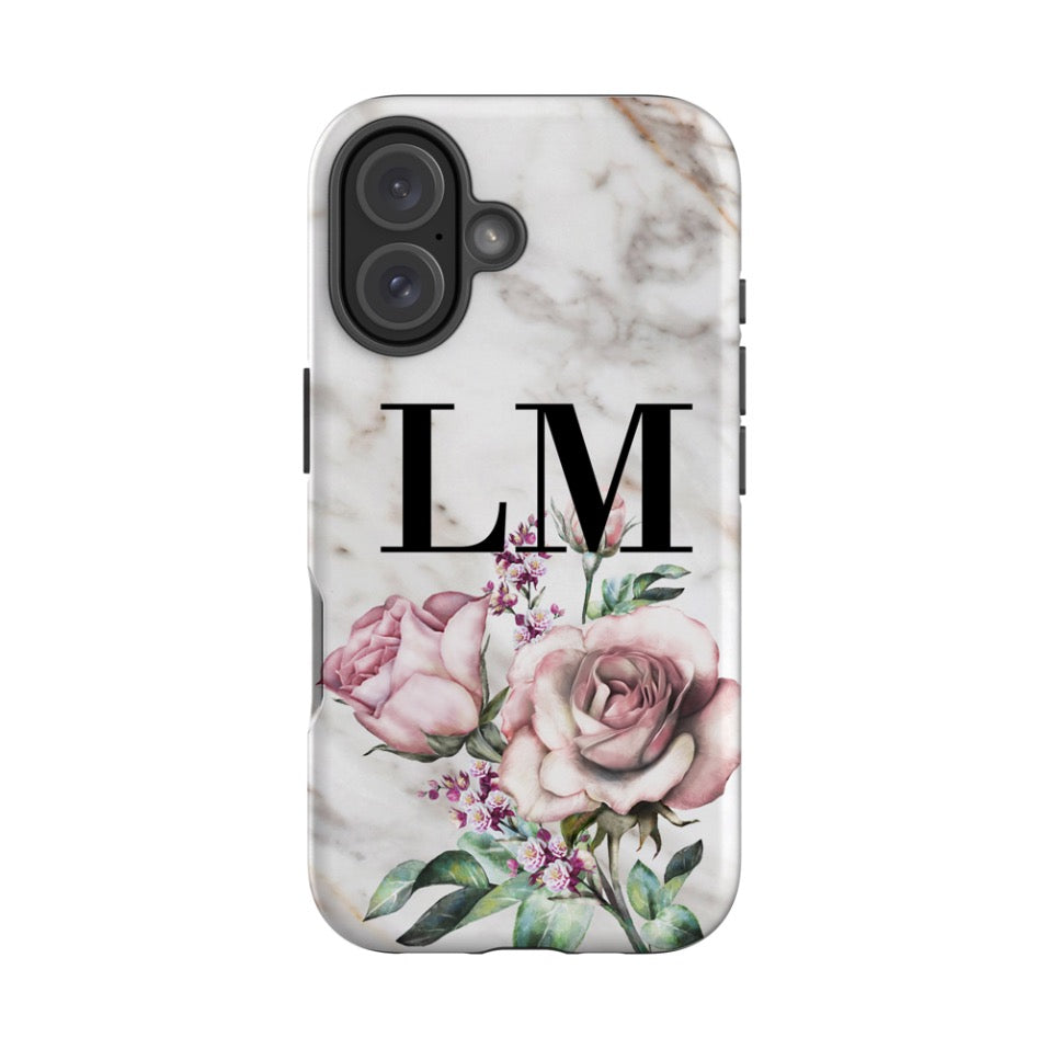 Personalised Floral Rose x Marble Initials iPhone 16 Case
