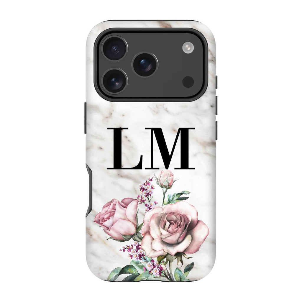 Personalised Floral Rose x Marble Initials iPhone 17 Pro Case