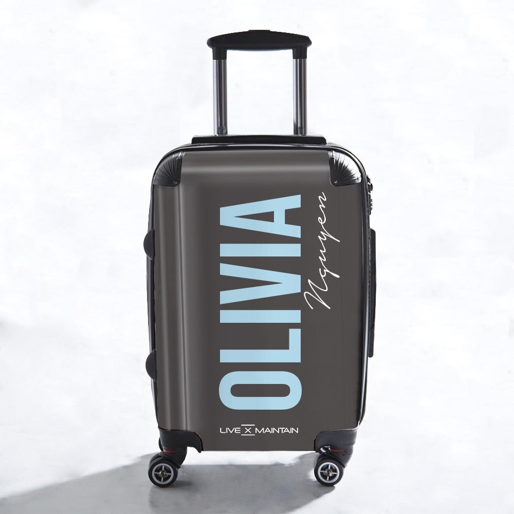 Personalised Charcoal Grey and Blue Side Name Suitcase