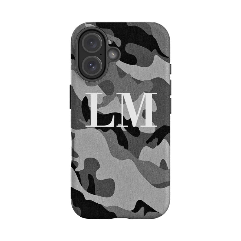 Personalised Grey Camouflage Initials iPhone 16 Case
