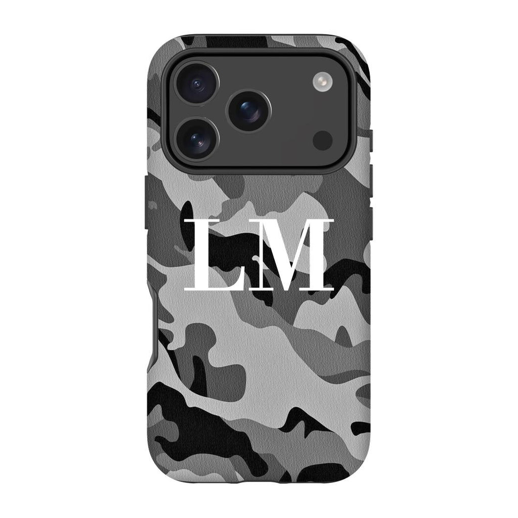 Personalised Grey Camouflage Initials iPhone 17 Pro Max Case
