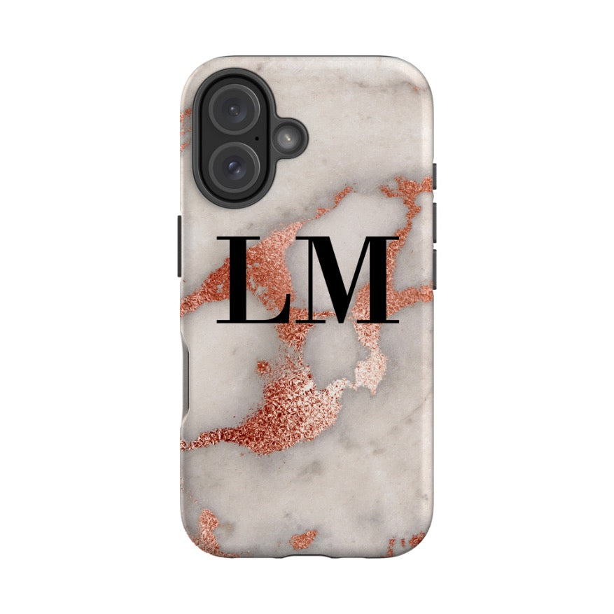 Personalised Grey x Rose Gold Marble Initials iPhone 16 Case
