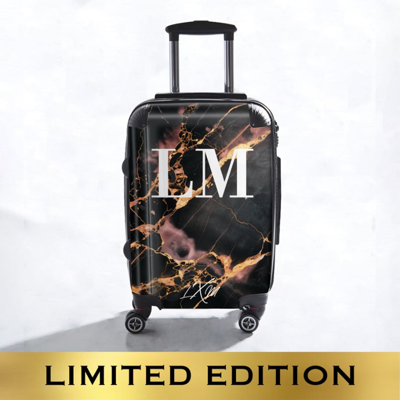 Limited Edition Personalised Black x Pink Gold Marble Initials Suitcase