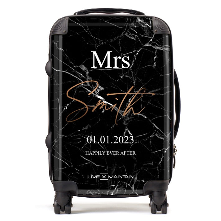 Personalised Mr & Mrs Wedding Black Marble Suitcases