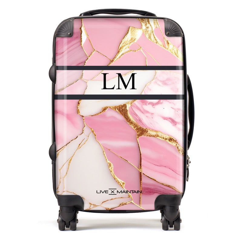 Personalised Pink x Gold Stripe Marble Initials Suitcase