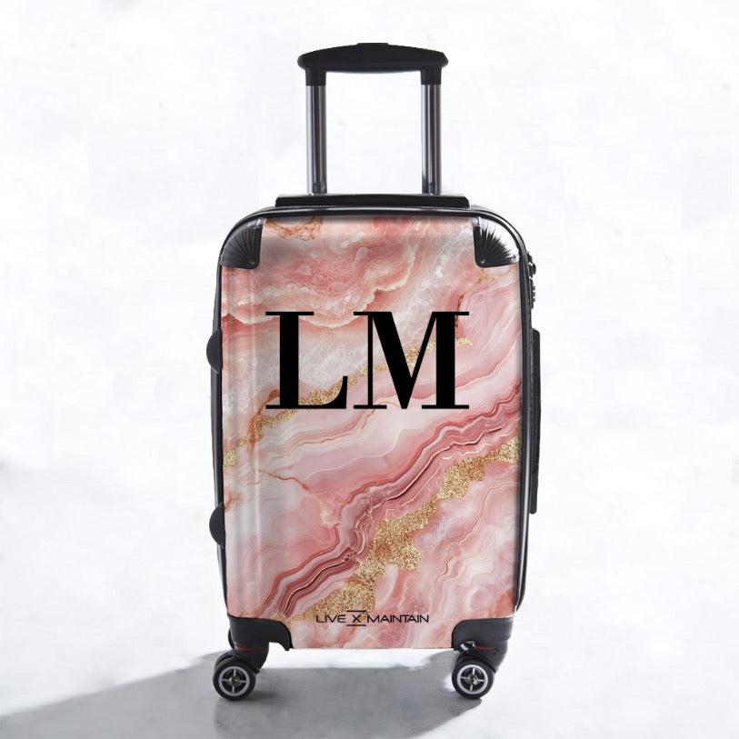 Personalised Pink Cream Marble Initials Suitcase