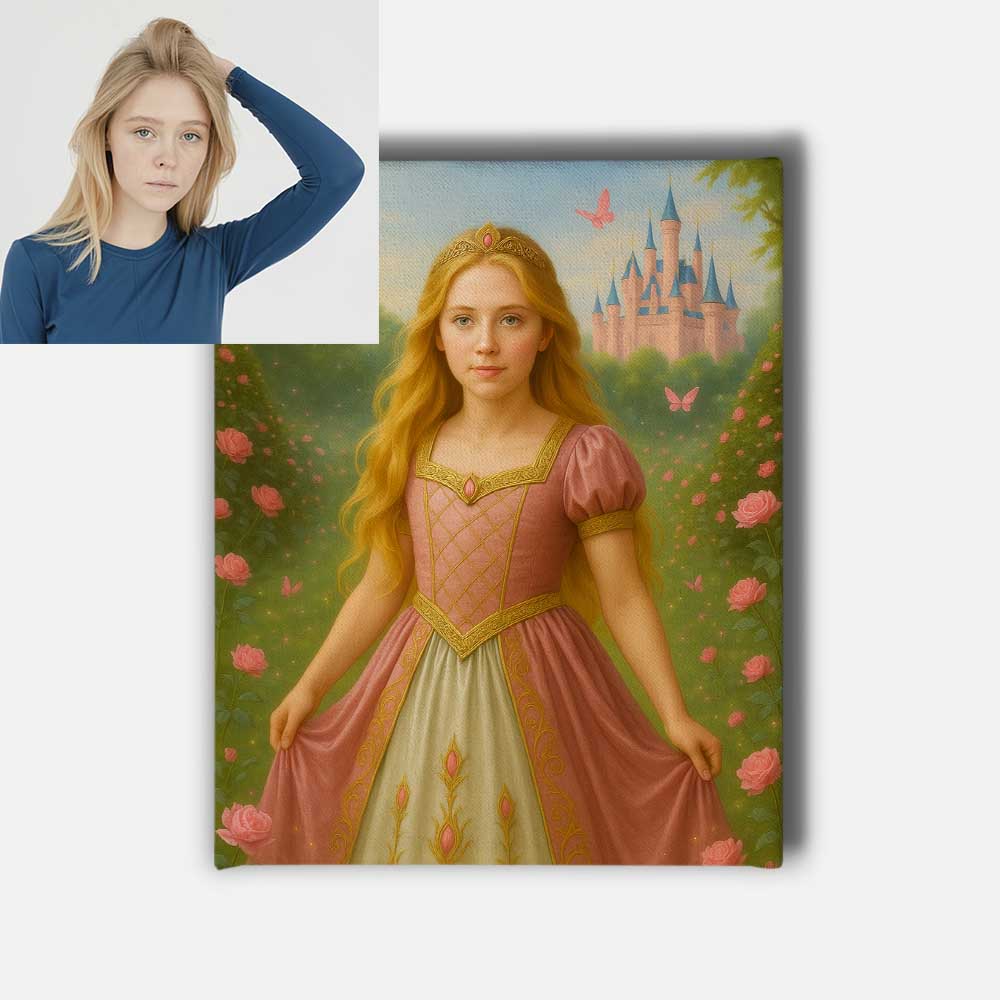 Personalised Rose Pink Princess Portrait Mounted Canvas Print

