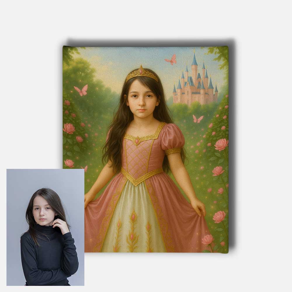 Personalised Rose Pink Princess Portrait Mounted Canvas Print
