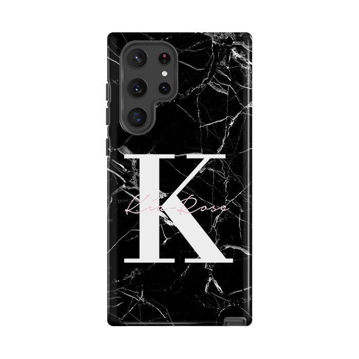 Personalised Black Marble Name Initials Samsung Galaxy S26 Case