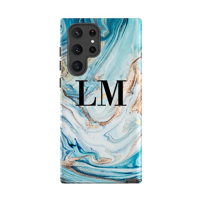 Personalised Blue Emerald Marble Initials Samsung Galaxy S26 Case