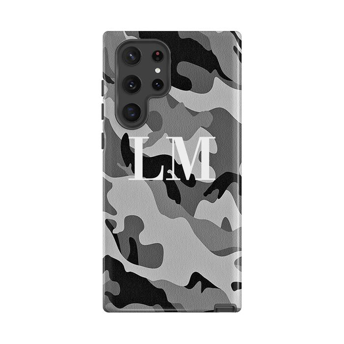 Personalised Grey Camouflage Initials Samsung Galaxy S26 Case