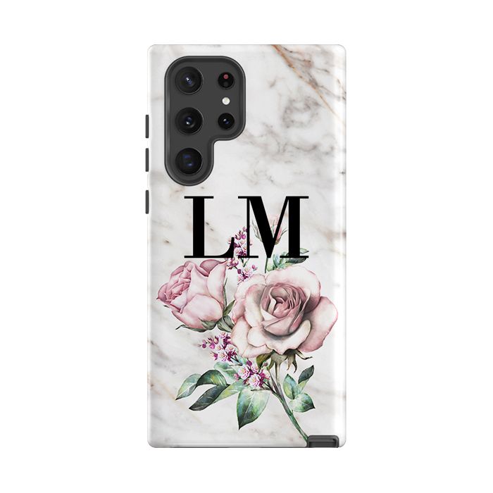 Personalised Floral Rose x Marble Initials Samsung Galaxy S26 Case