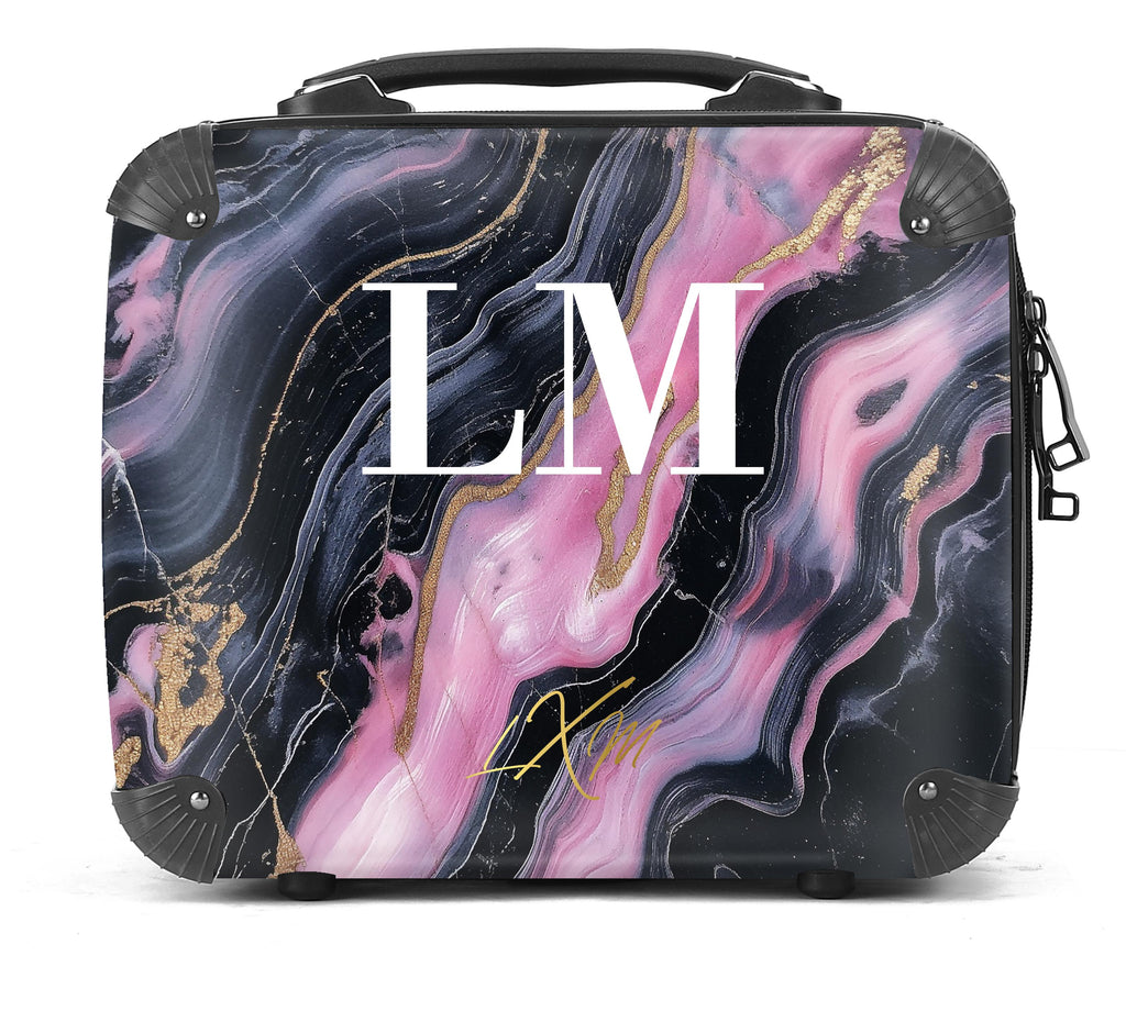 Personalised Black and Pink Marble Initials Suitcase
