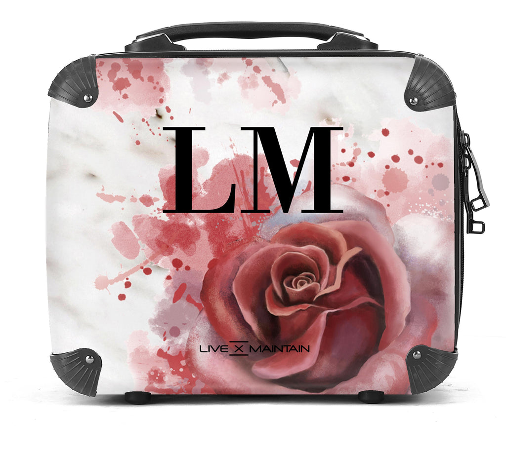 Personalised Floral Rose x White Marble Initials Suitcase