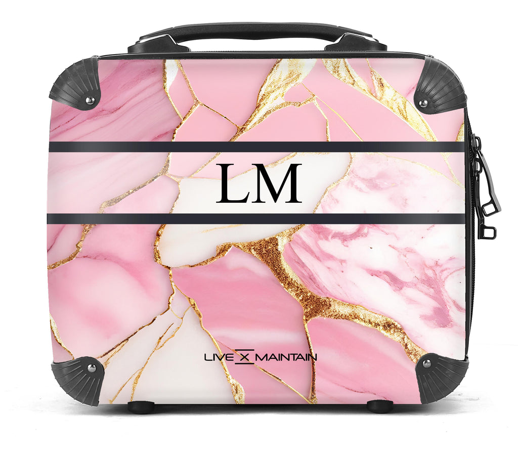 Personalised Pink x Gold Stripe Marble Initials Suitcase