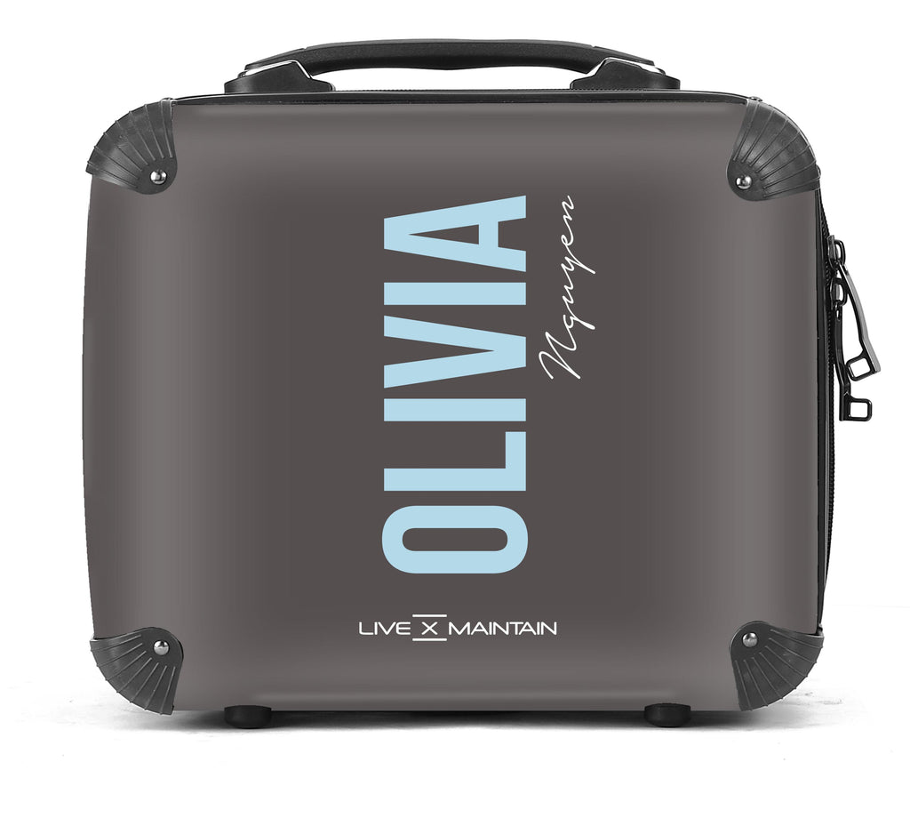 Personalised Charcoal Grey and Blue Side Name Suitcase