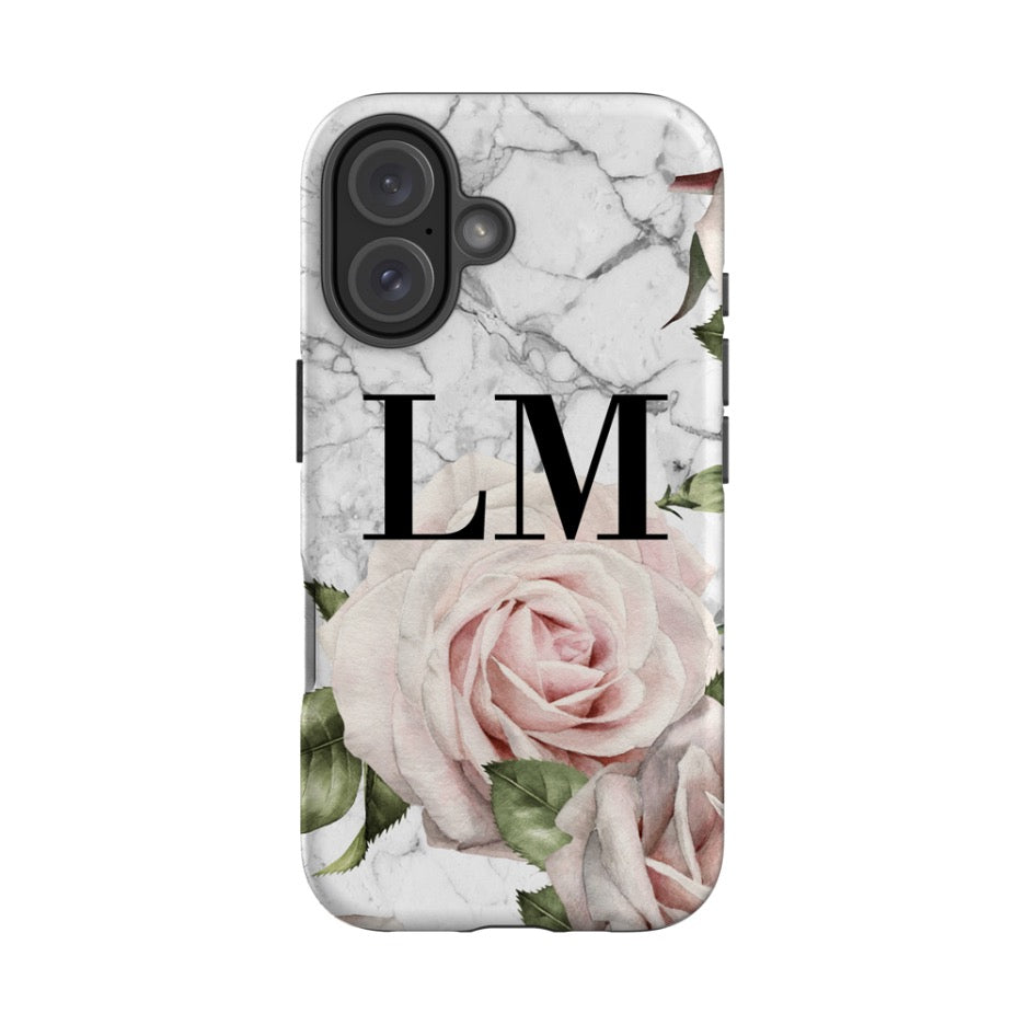 Personalised White Floral Marble Initials iPhone 16 Case