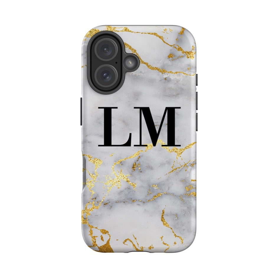 Personalised White x Gold Streaks Marble Initials iPhone 16 Case