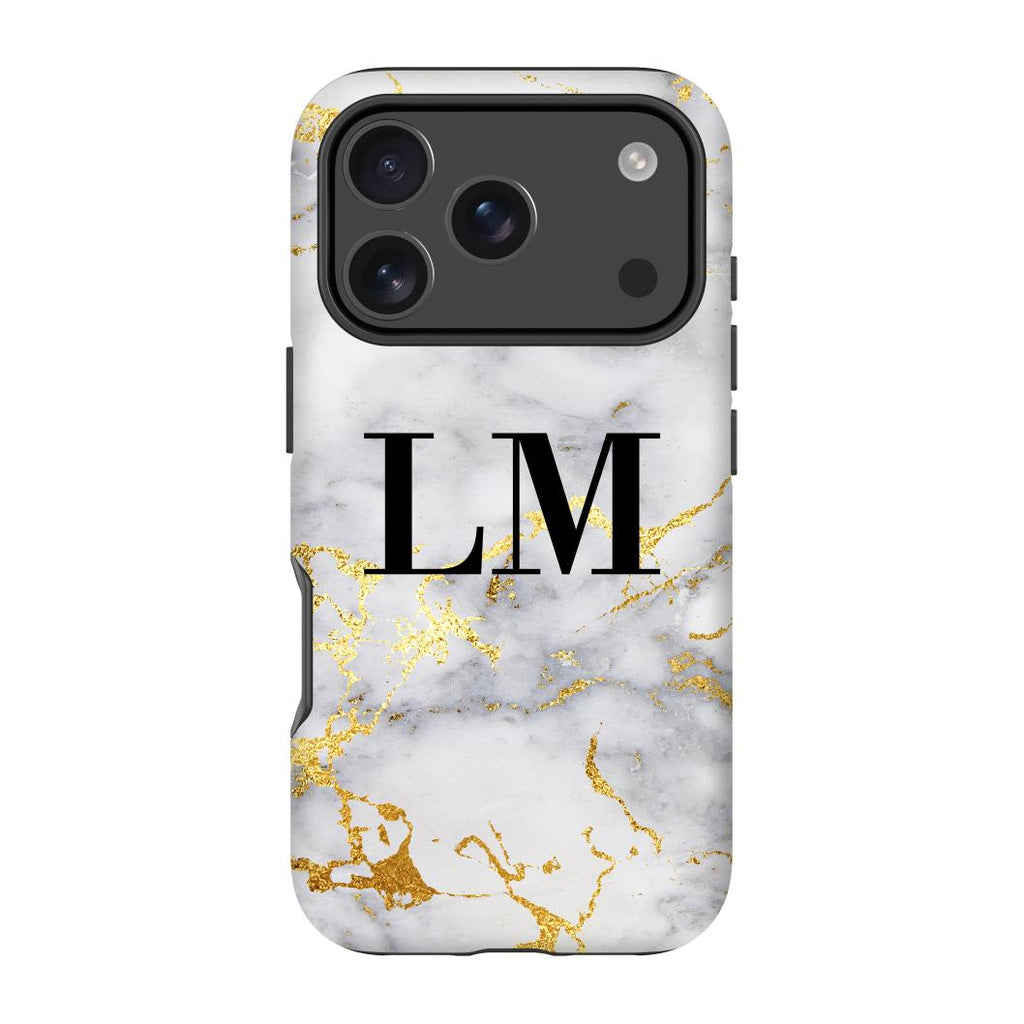 Personalised White x Gold Streaks Marble Initials iPhone 17 Pro Max Case