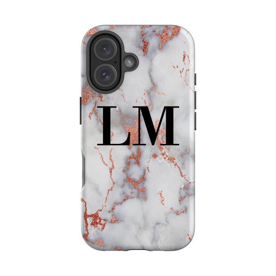 Personalised White x Rose Gold Marble Initials iPhone 16 Plus Case