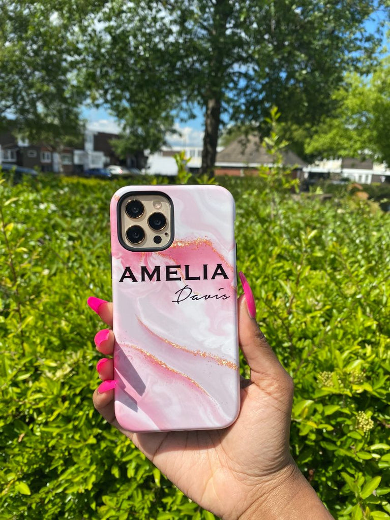 Personalised Luxe Pink Marble Name Samsung Galaxy S25 Case